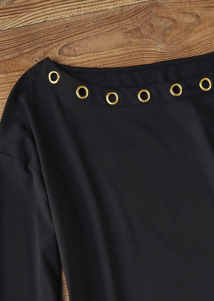 Hollow Out Eyelet  Long Sleeve Blouse - Black