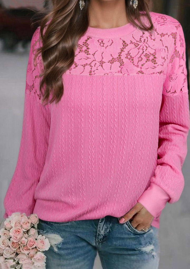 

Lace Splicing O-Neck Sweatshirt - Pink, SCM019489