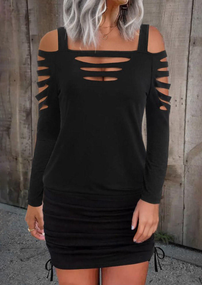 Cut Out Drawstring Cold Shoulder Bodycon Dress - Black