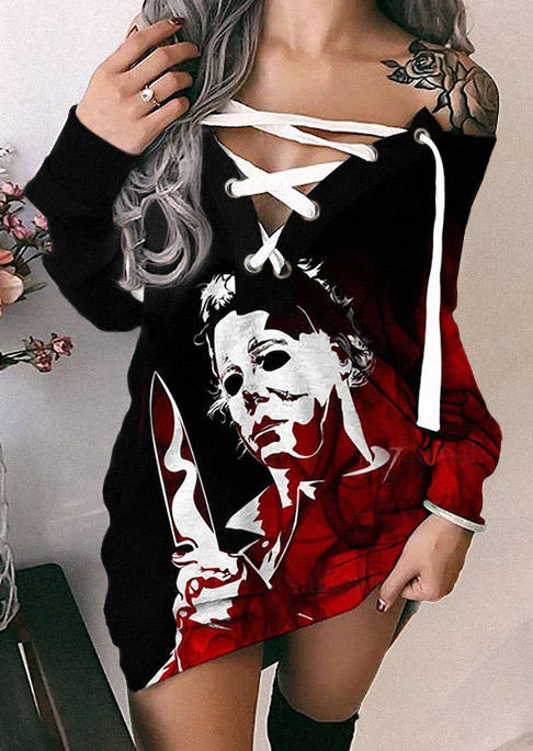 

Lace Up Sweatshirt Dress - Black, SCM019653