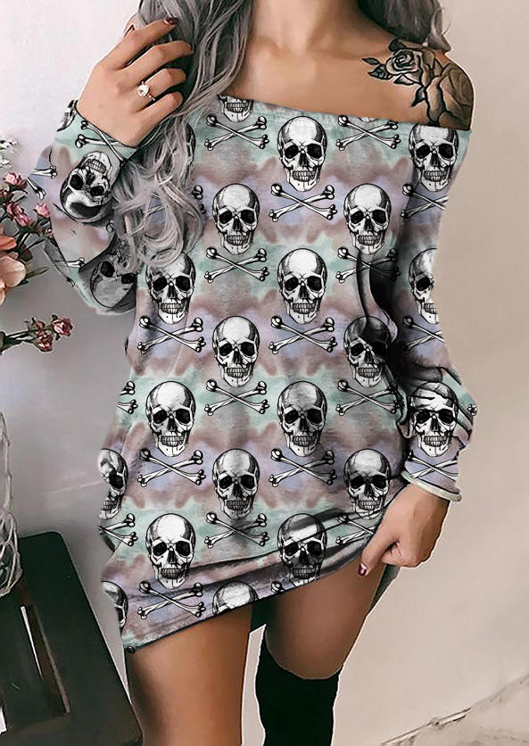 Halloween Skull Tie Dye Off Shoulder Sweatshirt Dress