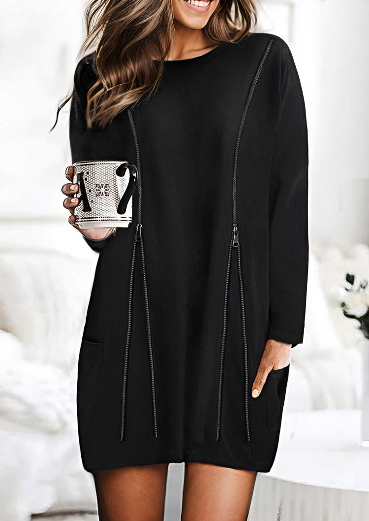 

Zipper Pocket Long Sleeve Mini Dress - Black, SCM018846