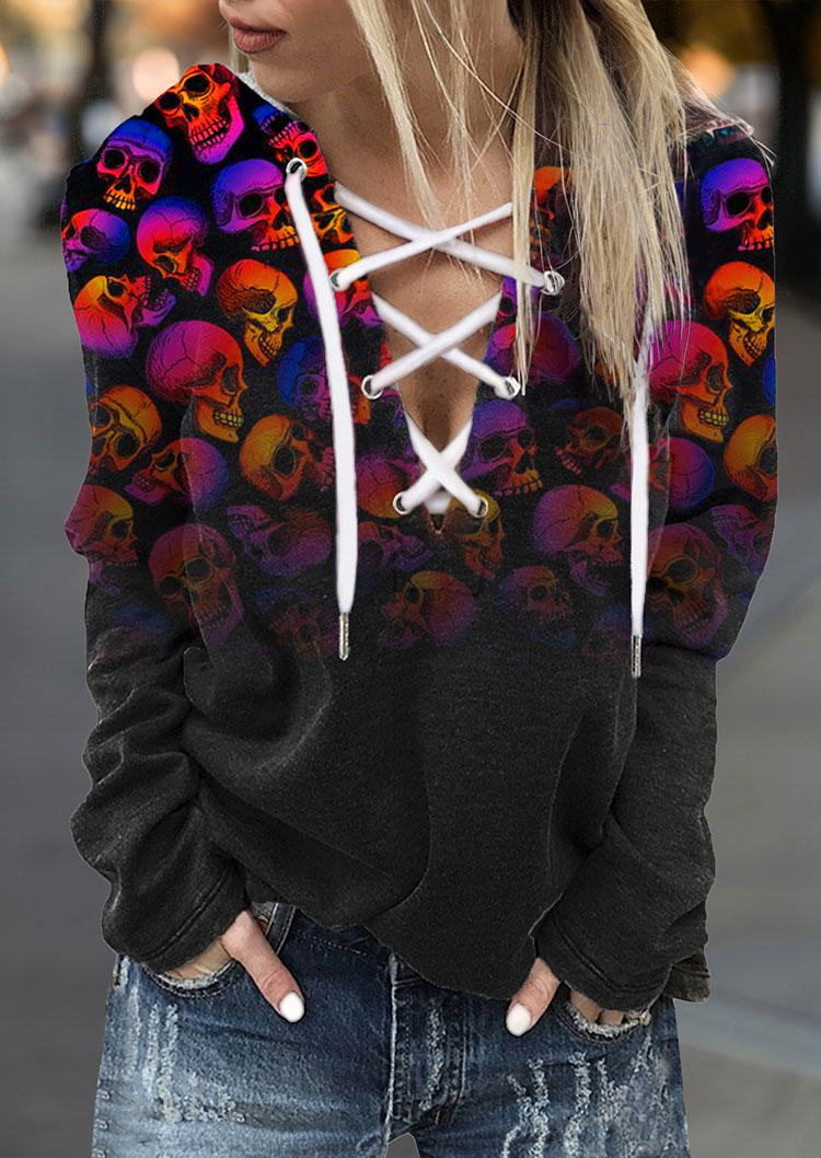 

Skull Gradient Lace Up Hoodie, Multicolor, SCM019392