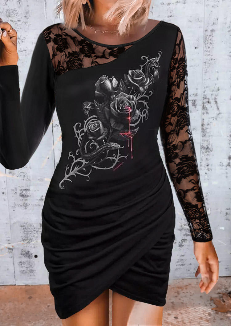 

Rose Ruched Wrap Lace Splicing Mini Dress - Black, SCM019482