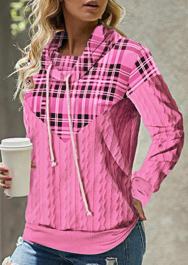 

Plaid Drawstring Sweatshirt - Pink, SCM019595