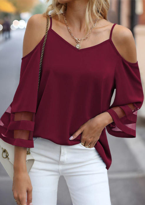 

Mesh Splicing Cold Shoulder V-Neck Blouse - Burgundy, Red, SCM019712