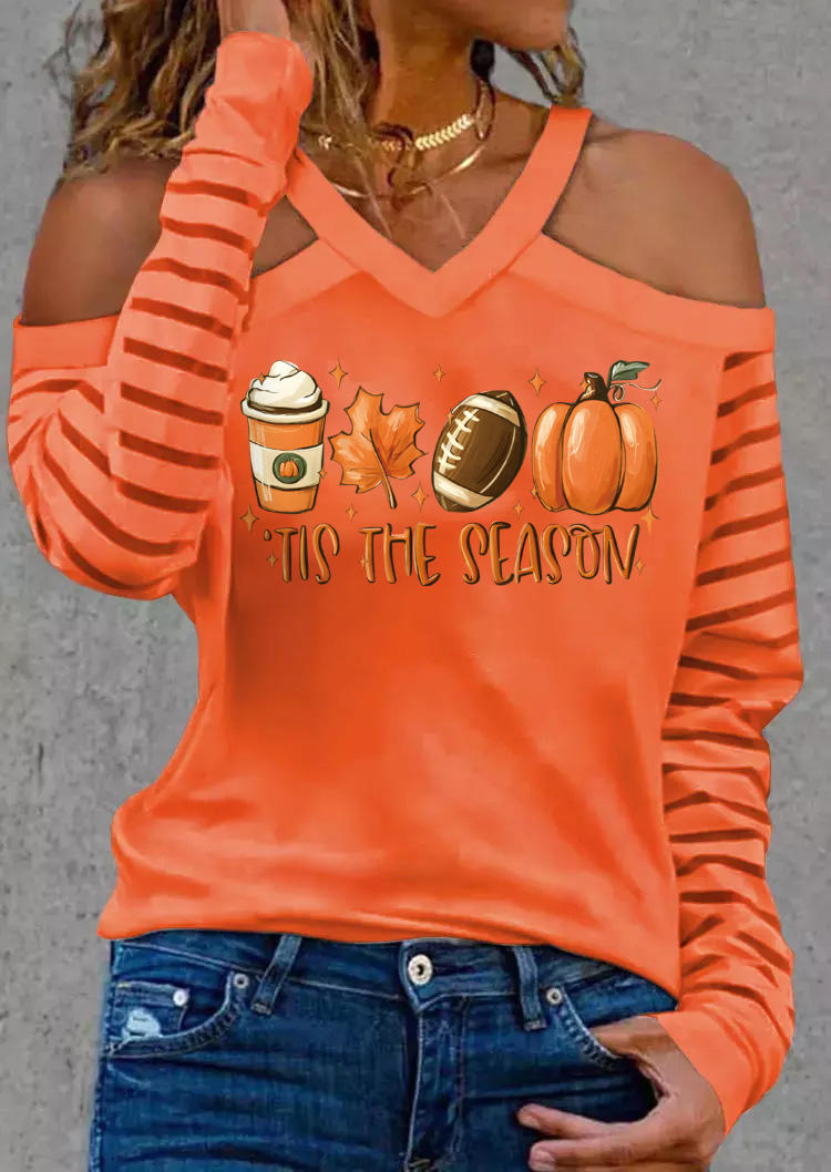 

Tis The Season Pumpkin Soccer Maple Leaf Striped Blouse - Orange, SCM019809