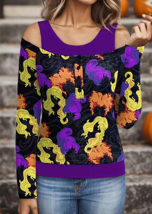 

Halloween Witch Sisters Cold Shoulder Fake Two-Piece Blouse, Multicolor, SCM019873