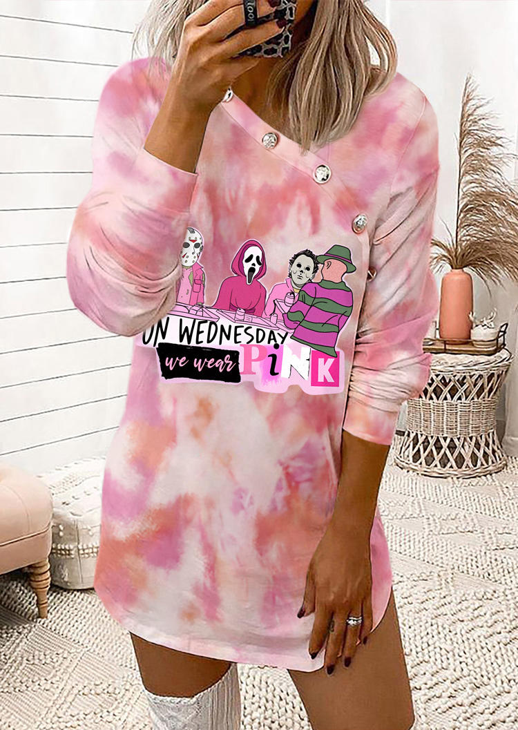 

Halloween On Wednesday We Wear Pink Tie Dye Button Sweatshirt Dress, Multicolor, SCM019885
