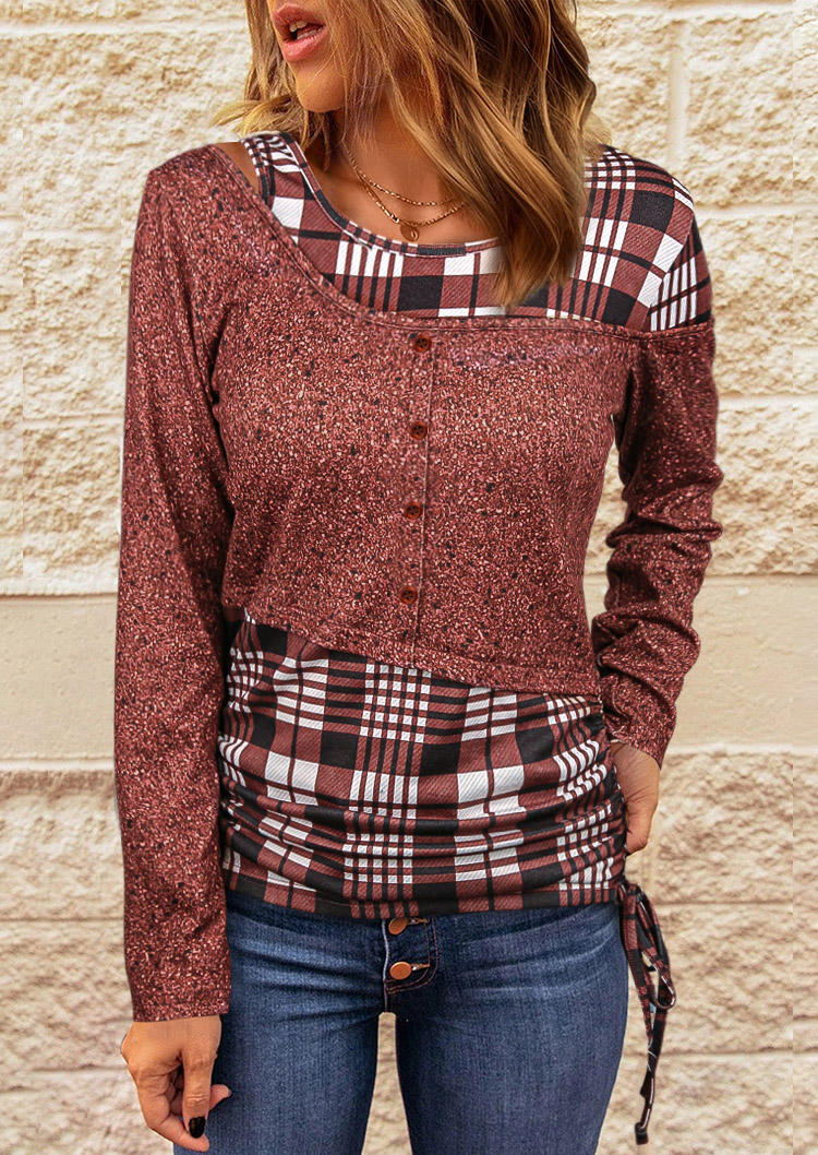 

Plaid Drawstring Fake Two-Piece Blouse, Multicolor, SCM019155