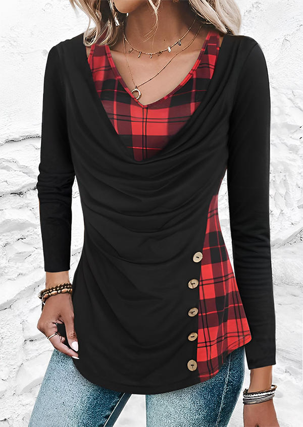 

Buffalo Plaid Cowl Neck Fake Two-Piece Blouse, Multicolor, SCM019430