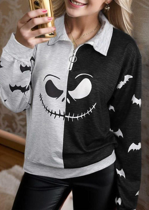 

Color Block Ghost Face Bat Zipper Collar Sweatshirt, Multicolor, SCM019469