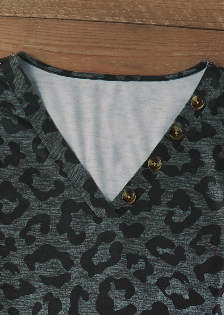 Gradient Leopard Button V-Neck Blouse