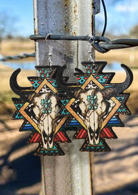 

Aztec Geometric Steer Skull Earrings, Multicolor, SCM019731