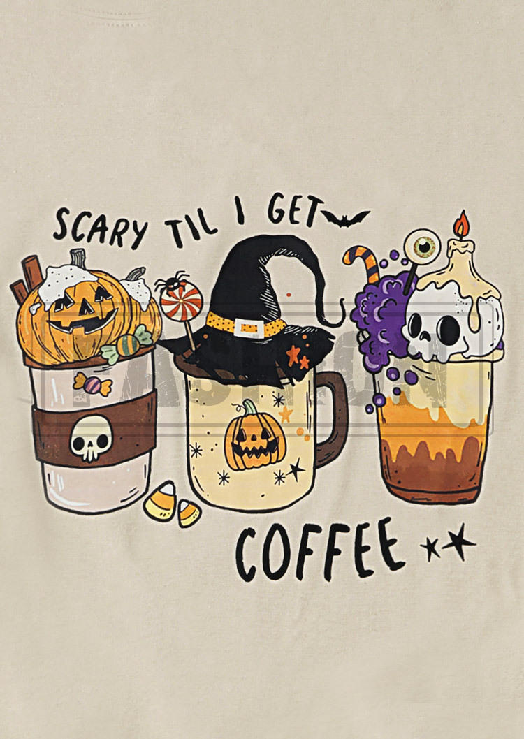 Halloween Scary Til I Get Coffee Pumpkin Face T-Shirt Tee - Apricot