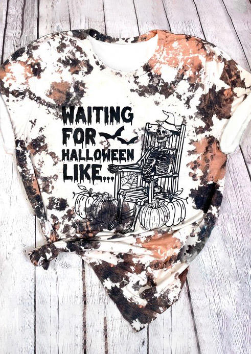 

Waiting For Halloween Skeleton Pumpkin Bleached T-Shirt Tee, Multicolor, SCM019752