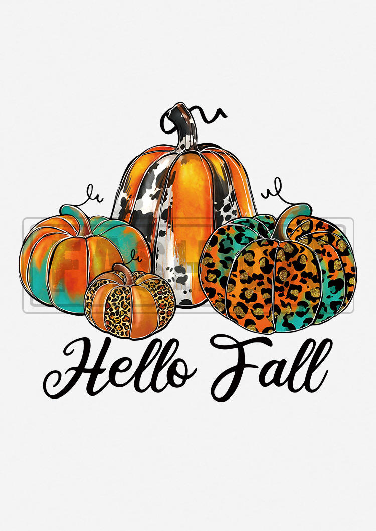 Hello Fall Leopard Cow Pumpkin T-Shirt Tee - White