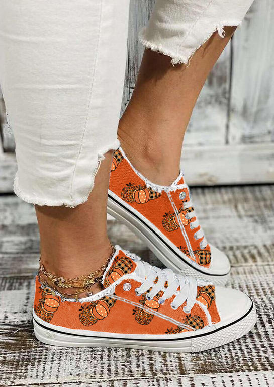 Leopard Plaid Dot Pumpkin Frayed Lace Up Flat Sneakers - Orange