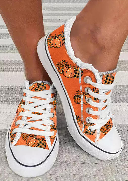 

Leopard Plaid Dot Pumpkin Frayed Lace Up Flat Sneakers - Orange, SCM019894