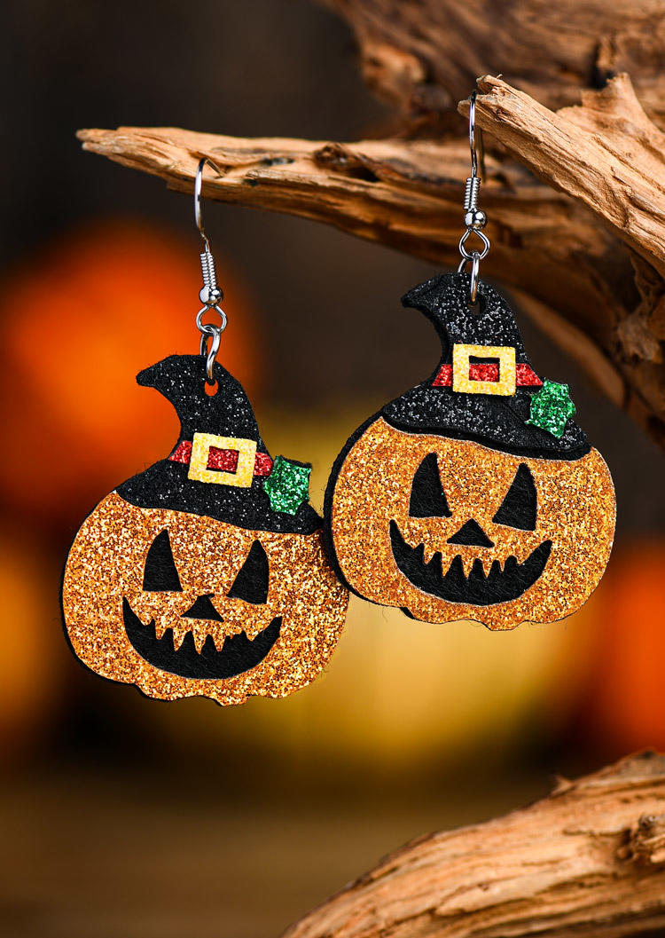 

Pumpkin Face Witch Hat Glitter Earrings, Orange, SCM019855