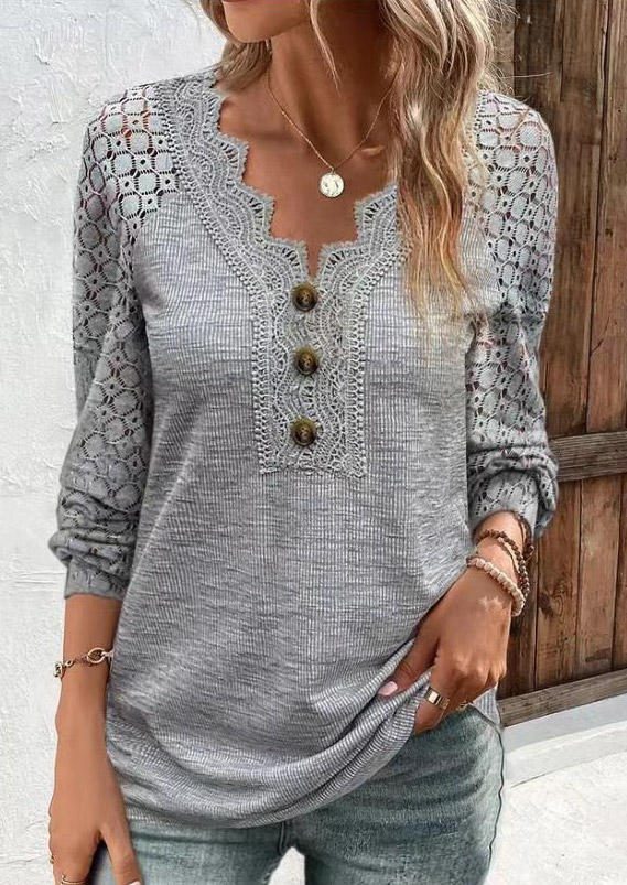 Lace Splicing Button Long Sleeve Blouse - Gray