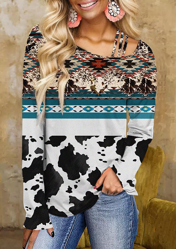 

Cow Aztec Geometric One Sided Cold Shoulder Blouse, Multicolor, SCM019404