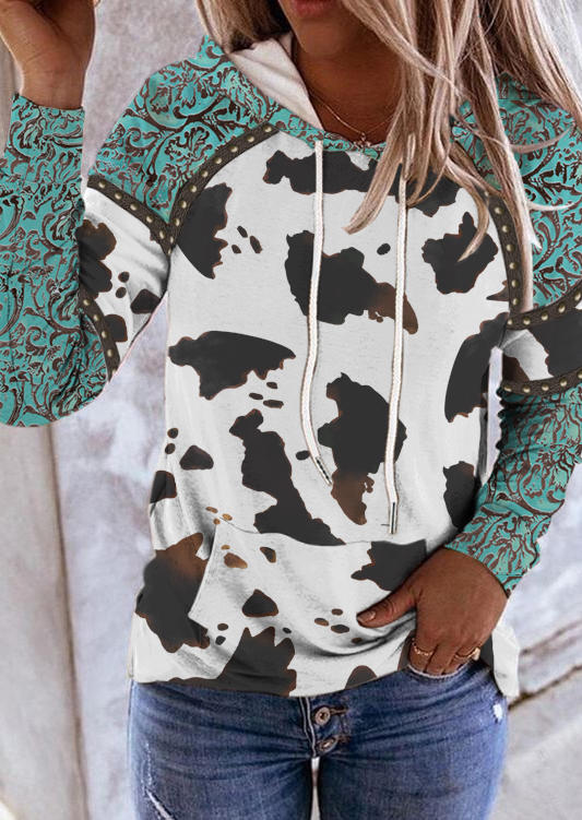 

Cow Abstract Graphic Drawstring Kangaroo Pocket Western Hoodie, Multicolor, SCM019583