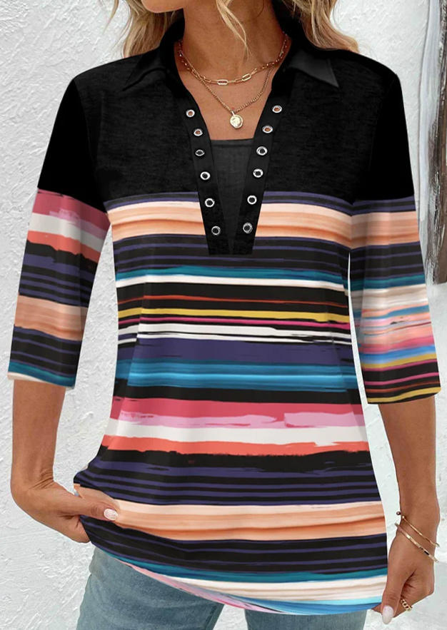 

Colorful Striped Turn-Down Collar Blouse, Multicolor, SCM019790