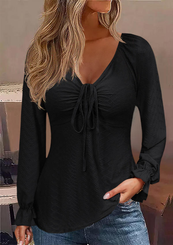 

Ruched Tie Raglan Sleeve Blouse - Black, SCM019861