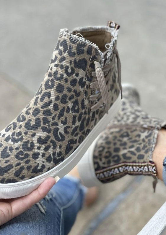 

Leopard Lace Up Zipper Slip On Flat Sneakers, Multicolor, SCM019926