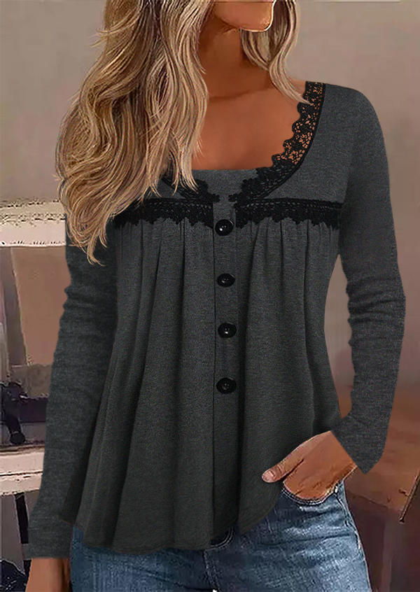 

Lace Splicing Button Ruffled Long Sleeve Blouse - Dark Grey, Gray, SCM019264