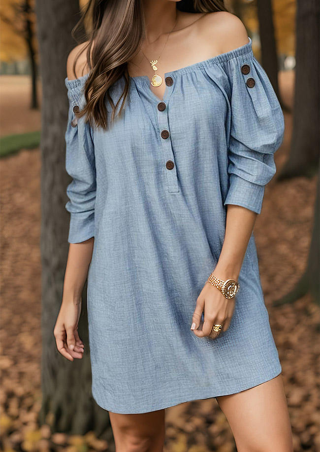 

Button Off Shoulder Three Quarter Sleeve Mini Dress - Light Blue, SCM019377