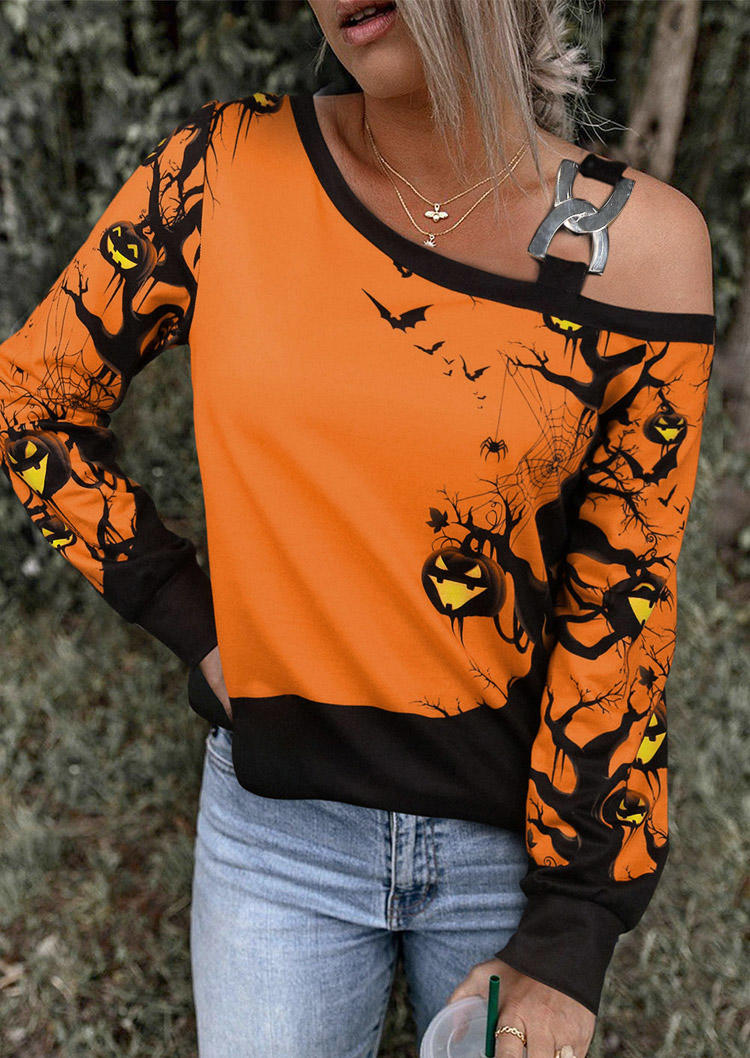 

Pumpkin Face One Sided Cold Shoulder Blouse, Multicolor, SCM019465