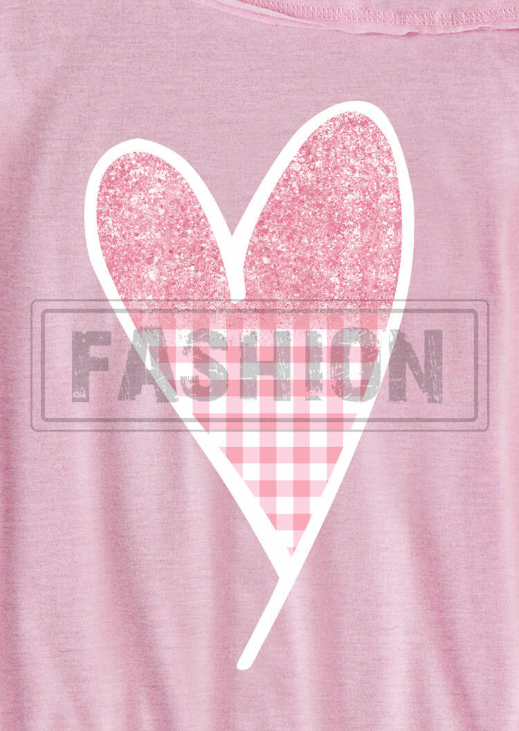 Heart Plaid One Sided Cold Shoulder Blouse - Pink