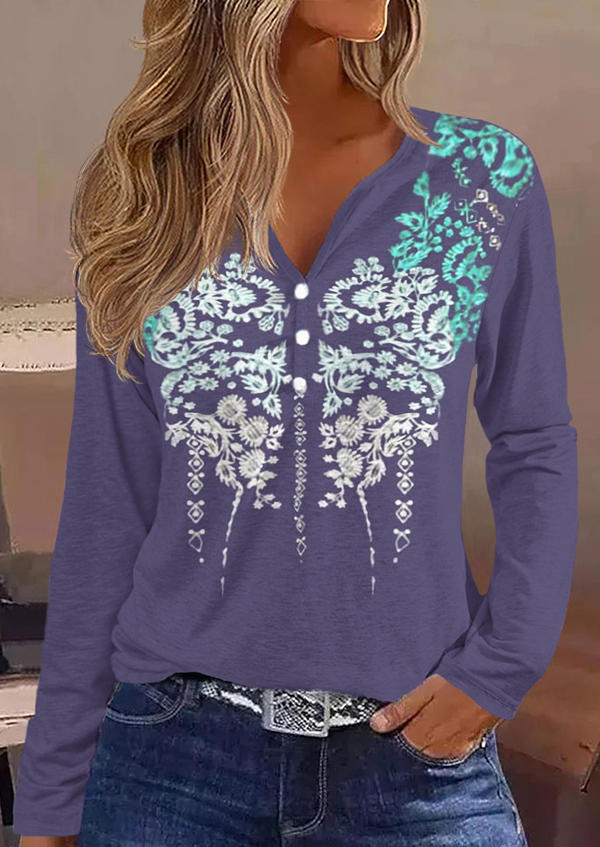 

Ditsy Floral Button Notched Neck Long Sleeve Blouse, Multicolor, SCM019663