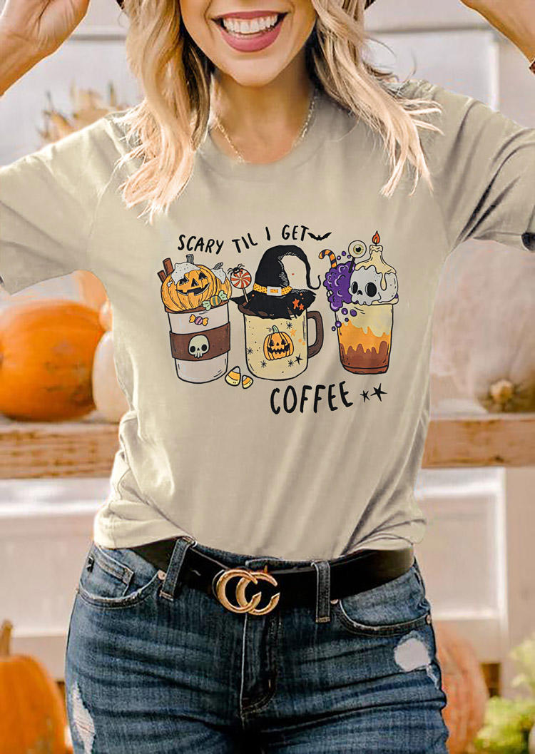 

Scary Til I Get Coffee Pumpkin Face T-Shirt Tee - Apricot, SCM019747