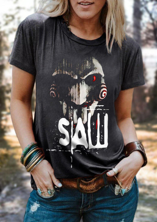 

Halloween Saw Horror Movie O-Neck T-Shirt Tee - Dark Grey, Gray, SCM019825