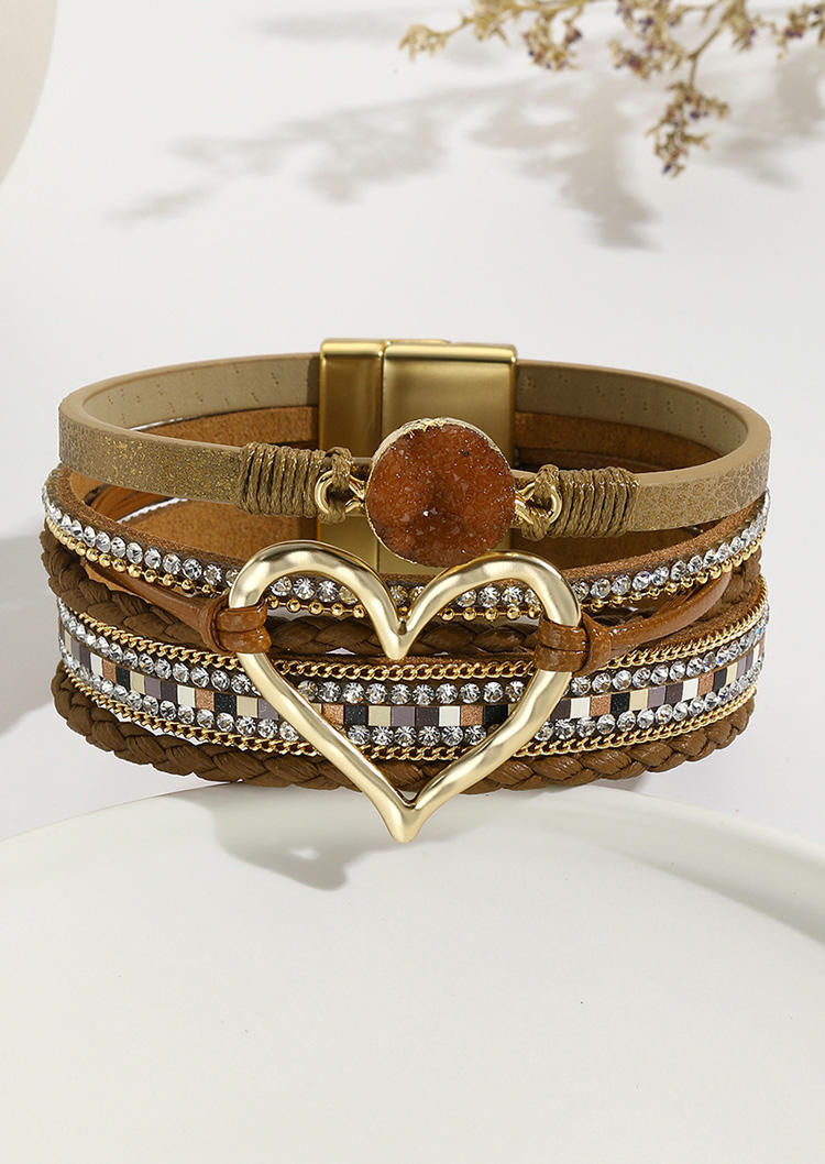 

Heart Rhinestone Magnetic Buckle Bracelet, Brown, SCM019925