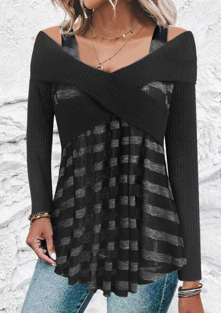 

Striped Criss-Cross Cold Shoulder Fake Two-Piece Blouse, Multicolor, SCM019526