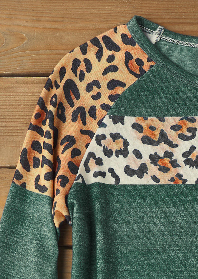 Leopard Raglan Sleeve O-Neck Blouse - Dark Green
