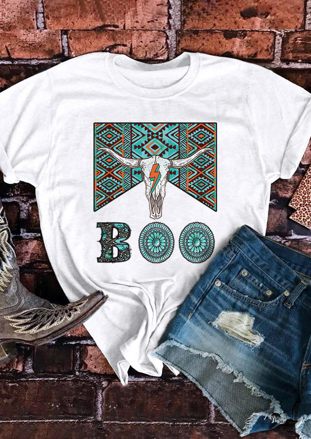 

Boo Aztec Geometric Steer Skull Western T-Shirt Tee - White, SCM019908