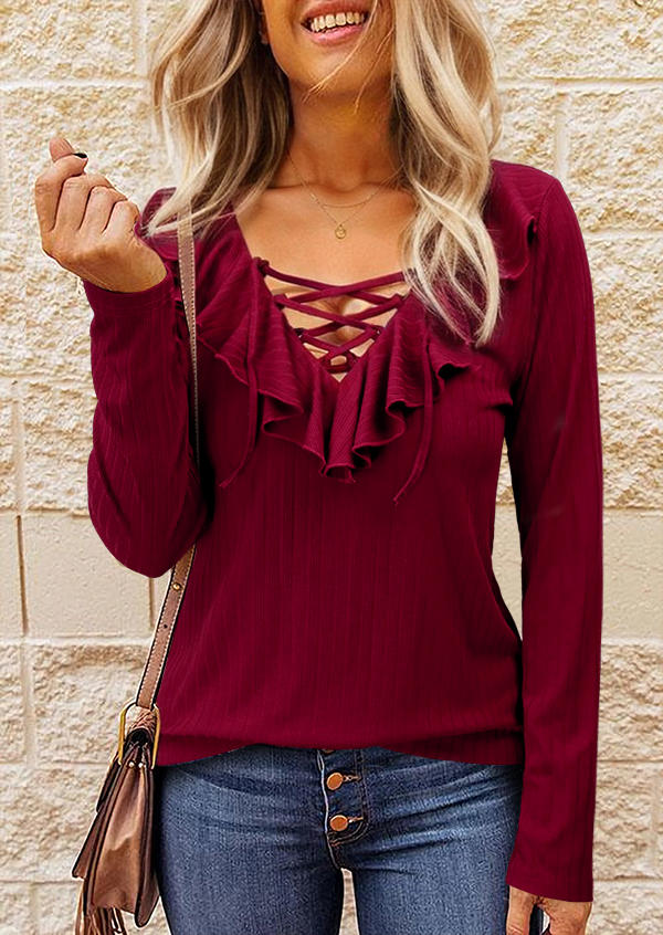 

Ruffled Criss-Cross Long Sleeve Blouse - Burgundy, Red, SCM019743