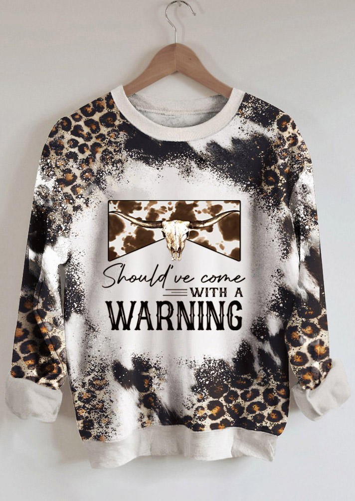 

Should've Come With A Warning Leopard Steer Skull Bleached Sweatshirt, Multicolor, SCM019803