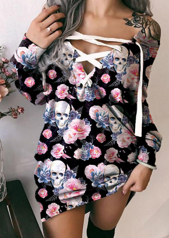 

Skull Floral Lace Up Sweatshirt Dress - Black, SCM019839