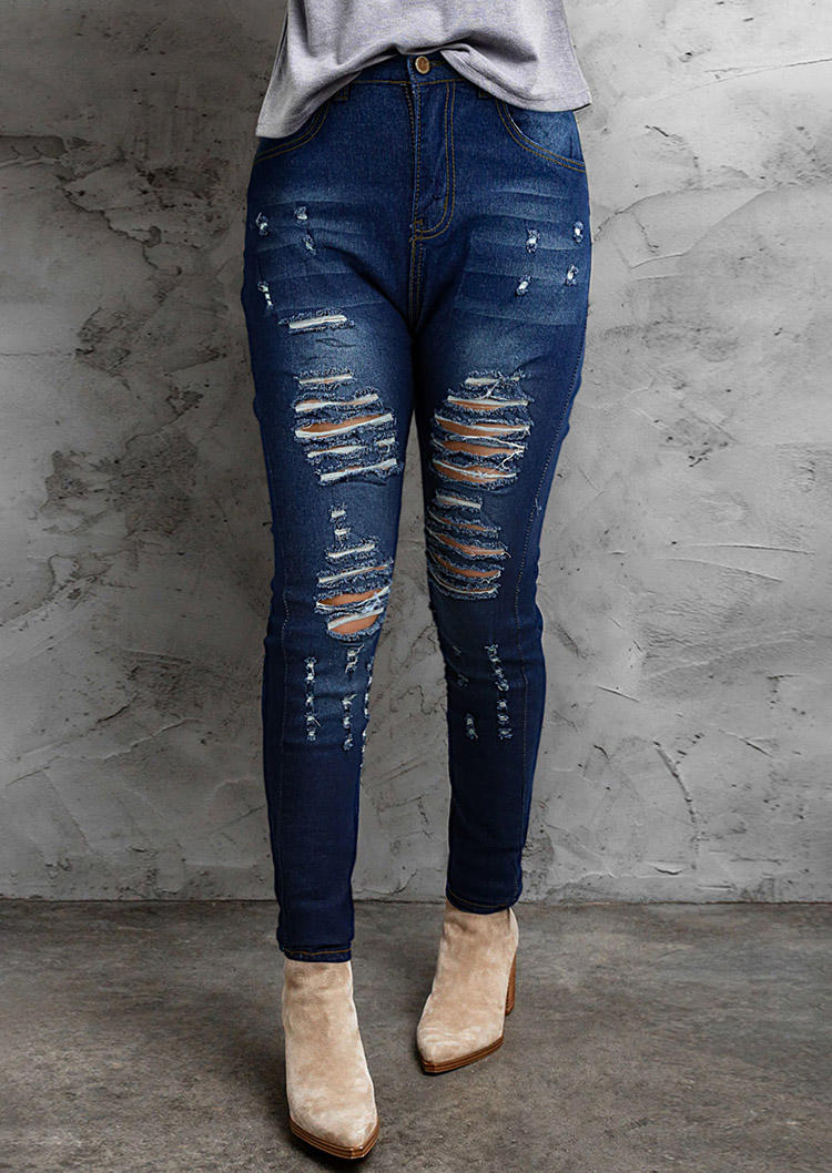 

Hole Ripped Zipper Pocket Denim Pants - Blue, SCM019875