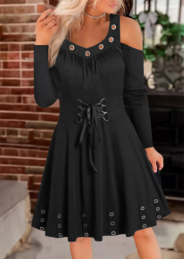 

Eyelet Lace Up Ruffled Cold Shoulder Mini Dress - Black, SCM019903