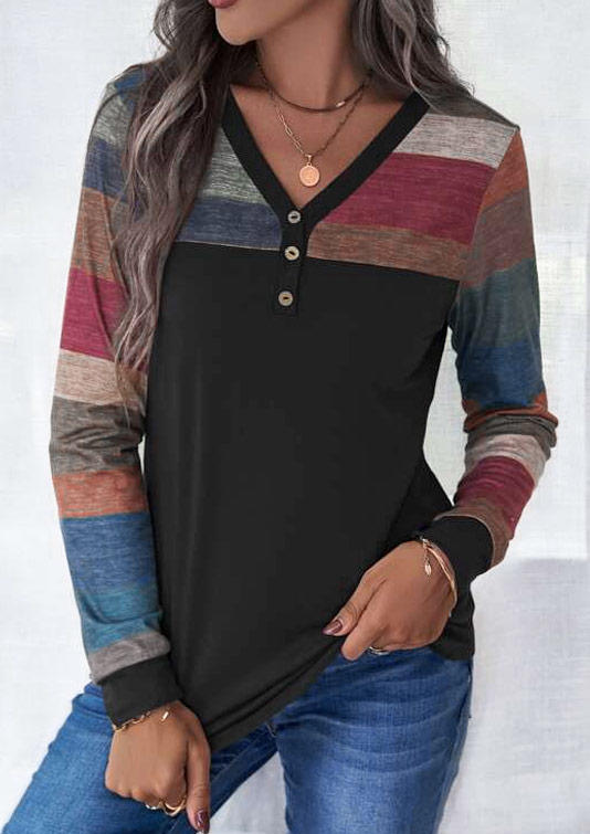 

Color Block Button V-Neck Blouse - Black, SCM019759