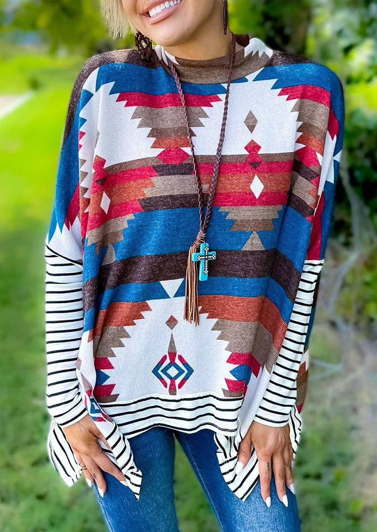 

Aztec Geometric Striped Loose Drop Shoulder Blouse, Multicolor, SCM019787