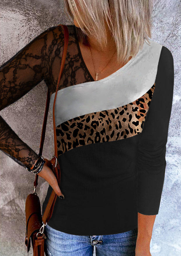 

Leopard Color Block Lace Splicing Blouse, Multicolor, SCM019796