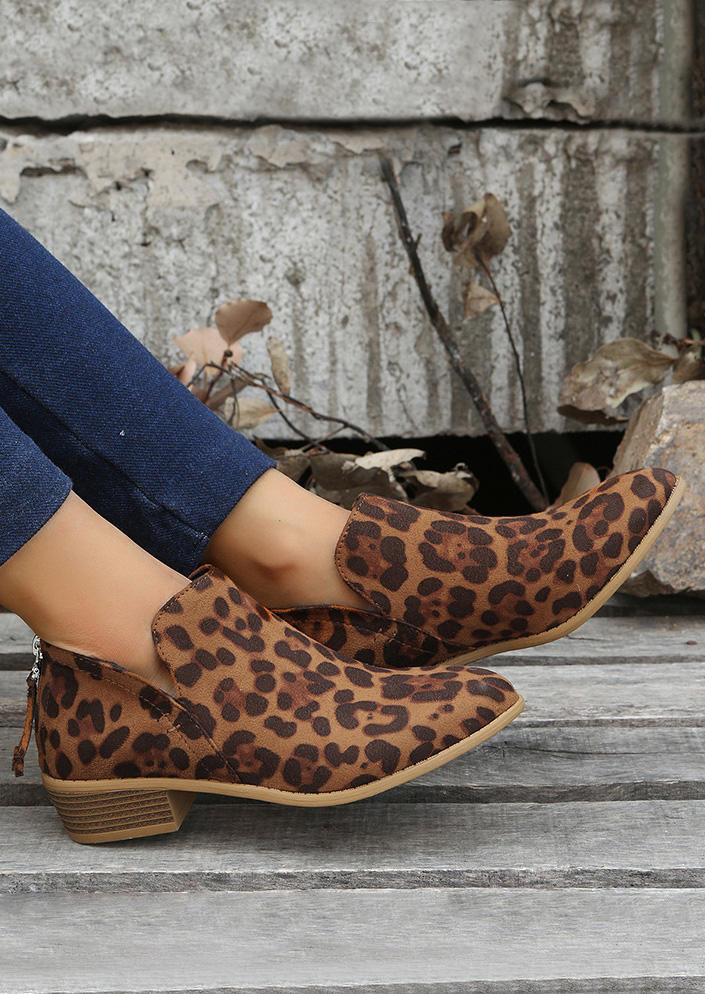 Leopard Zipper Western Chunky Ankle Boots